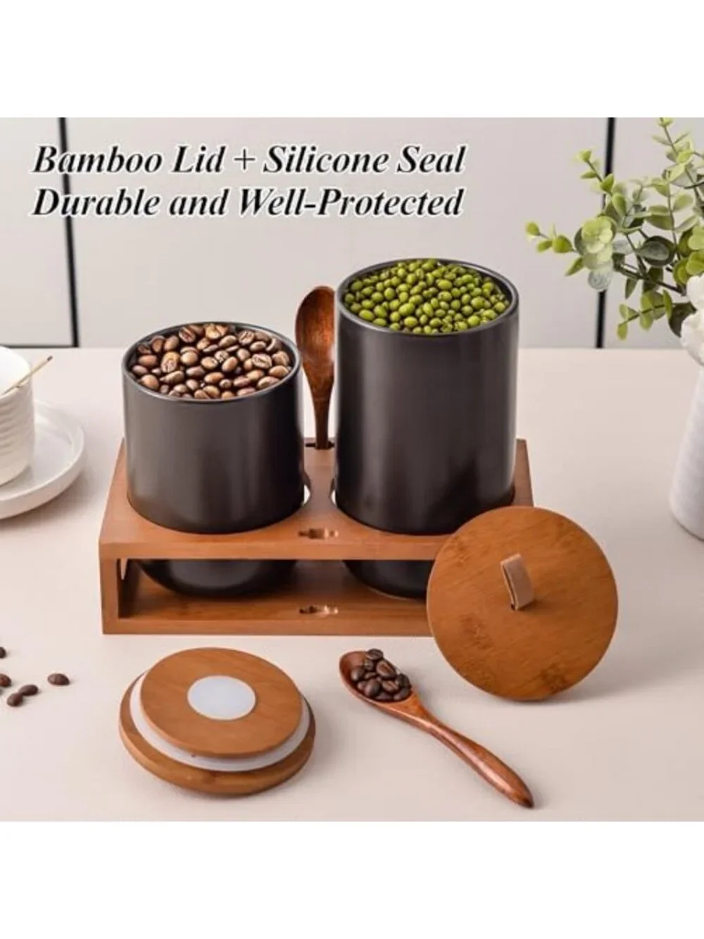 Stylish Black Ceramic Canister Set with Bamboo Lids & Wooden Stand - Airtight